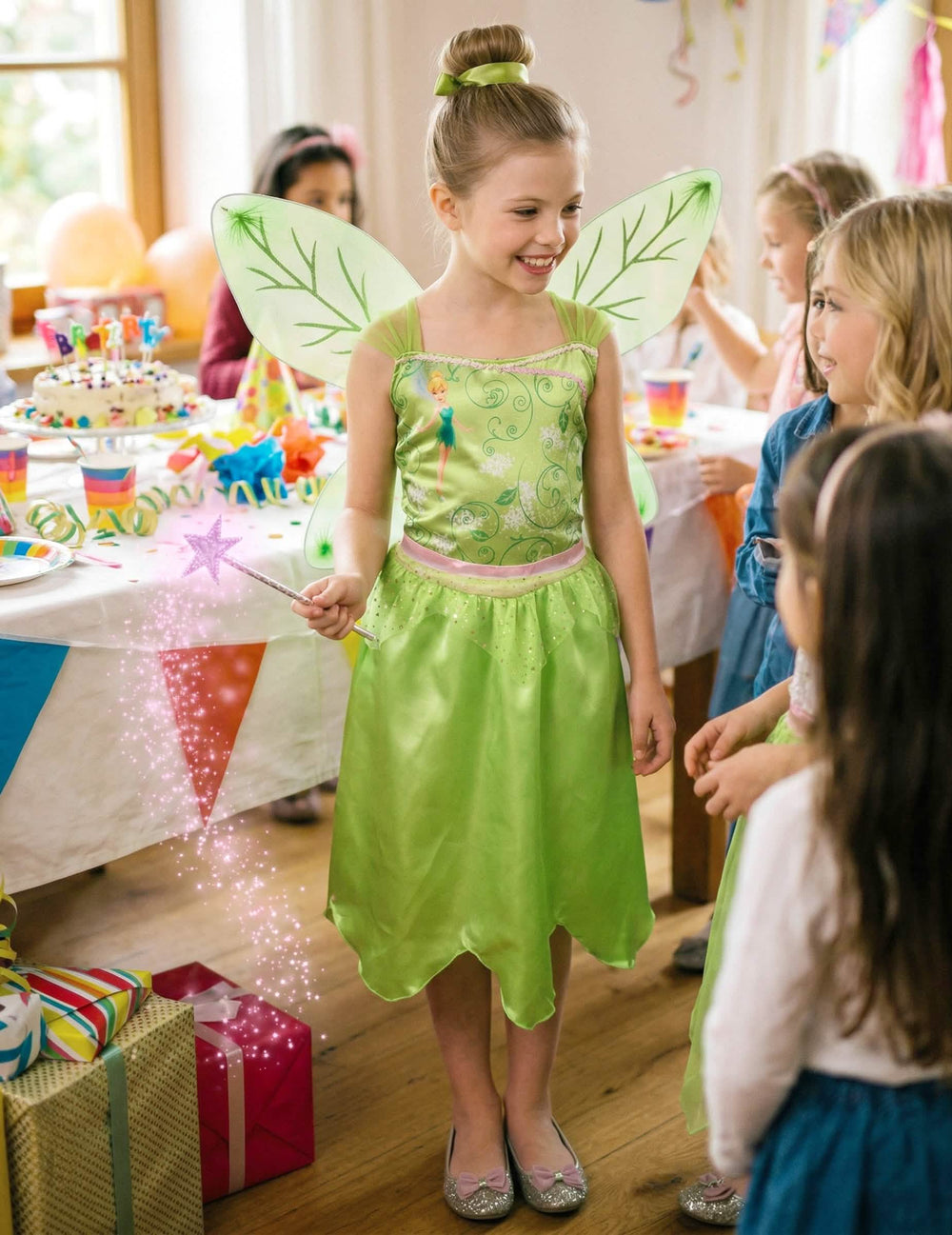 Mise en situation lors d'un anniversaire du déguisement de la Fée Clochette basique pour fille