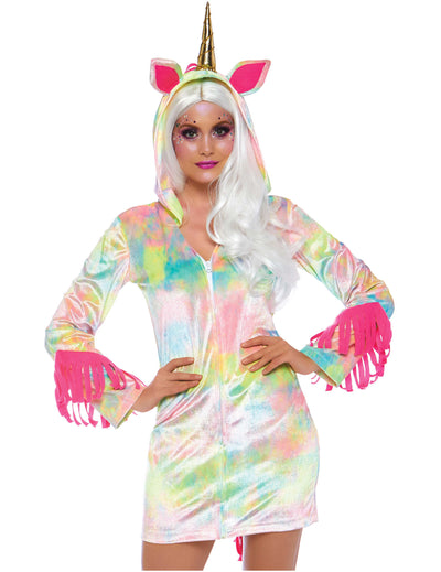 Déguisement licorne enchantée pour femme multicolore pastel à paillettes avec corne dorée