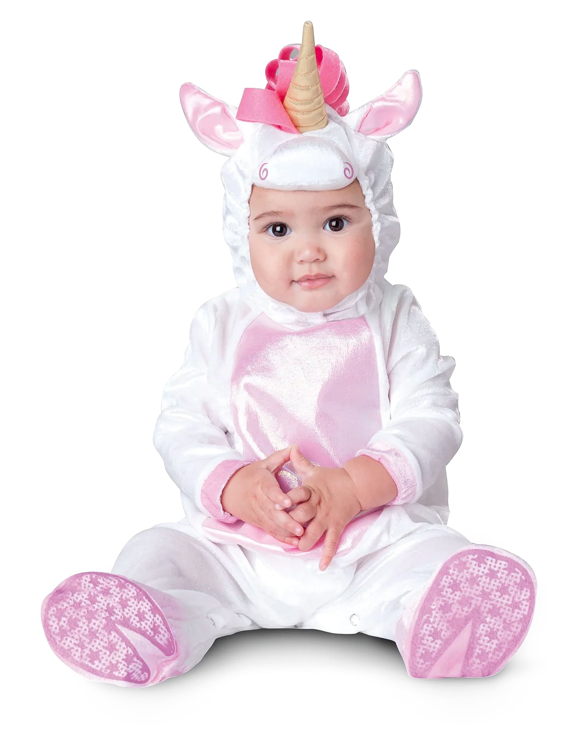 Déguisement licorne pour bébé blanc et rose avec corne dorée