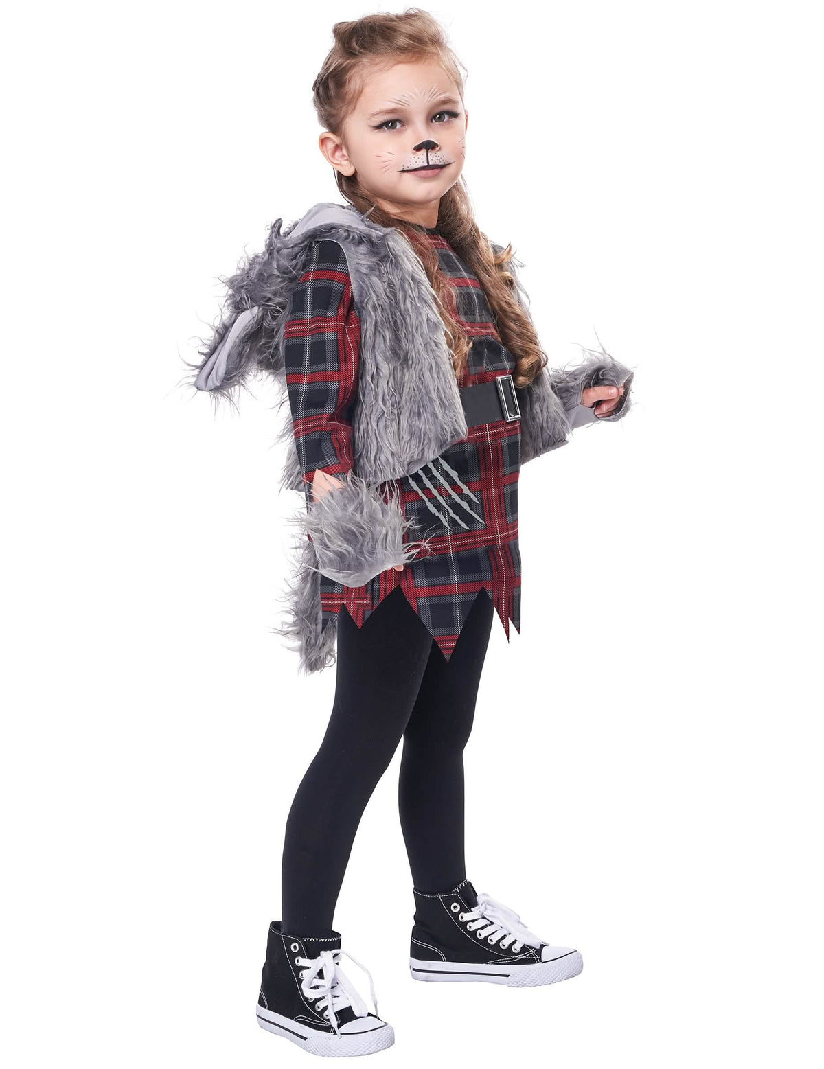 Vue de trois-quarts du déguisement loup garou pour fille gris luxe