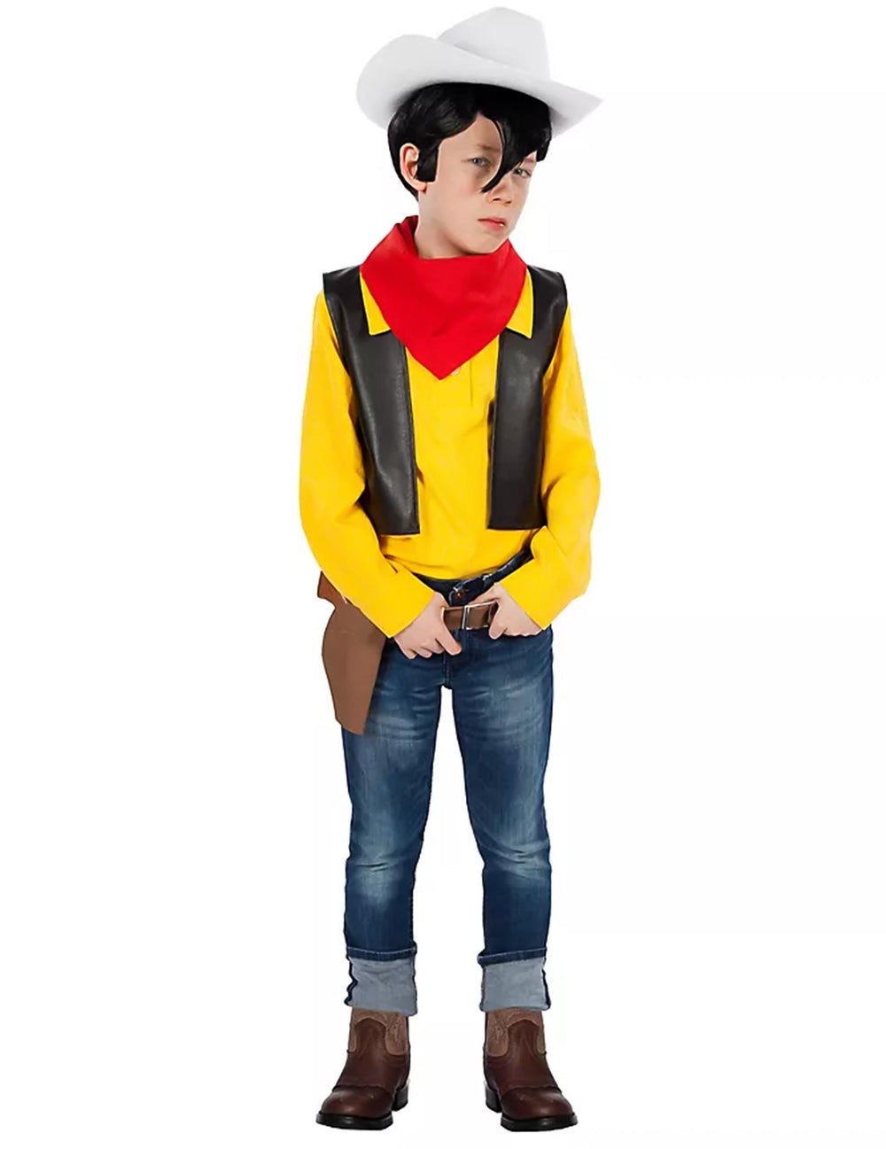 Déguisement Lucky Luke™ pour garçon jaune et noir avec bandana rouge et chapeau blanc