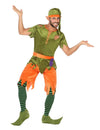 Déguisement de lutin des bois pour homme vert et orange avec bonnet et collants rayés