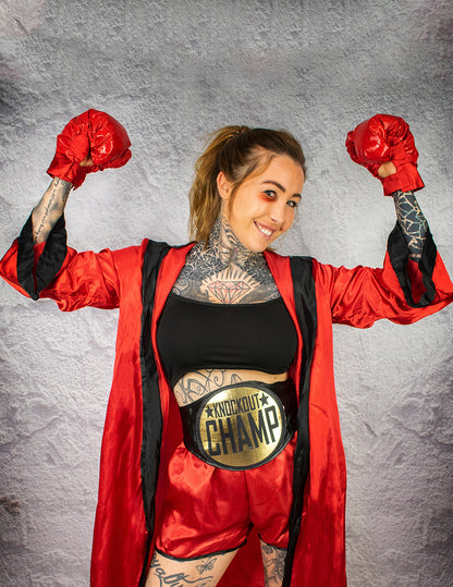 Vue de face du déguisement de boxeuse pour femme rouge