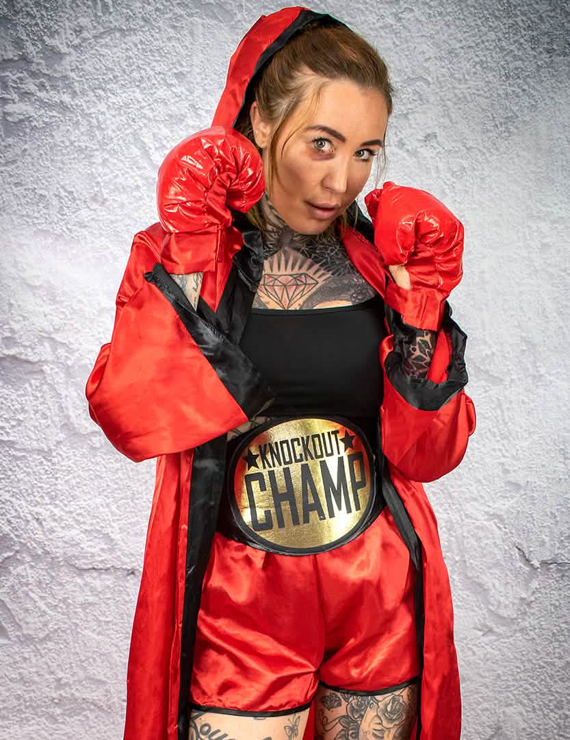Déguisement luxe de boxeuse pour femme rouge avec peignoir et gants de boxe