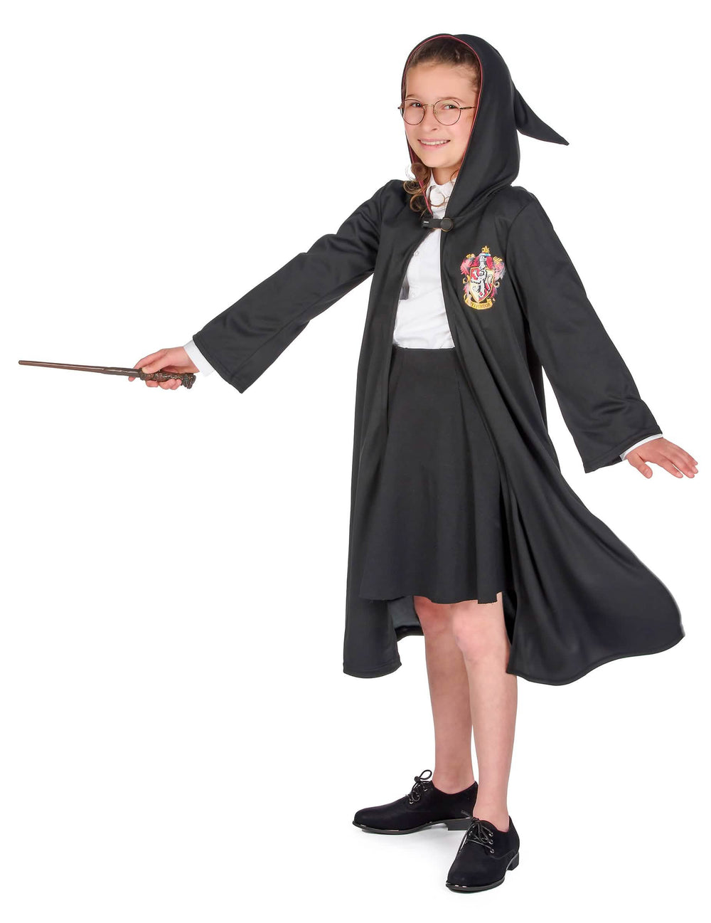 Huppu- ja taikasauvanäkymä luksus-Gryffindor-sorcerer-asusta Harry Potter