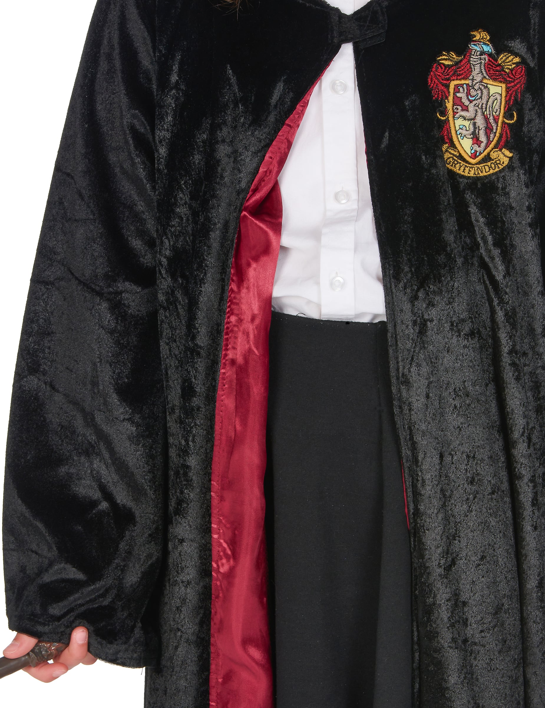 Gros plan sur la texture velours et la doublure du déguisement luxe robe Harry Potter