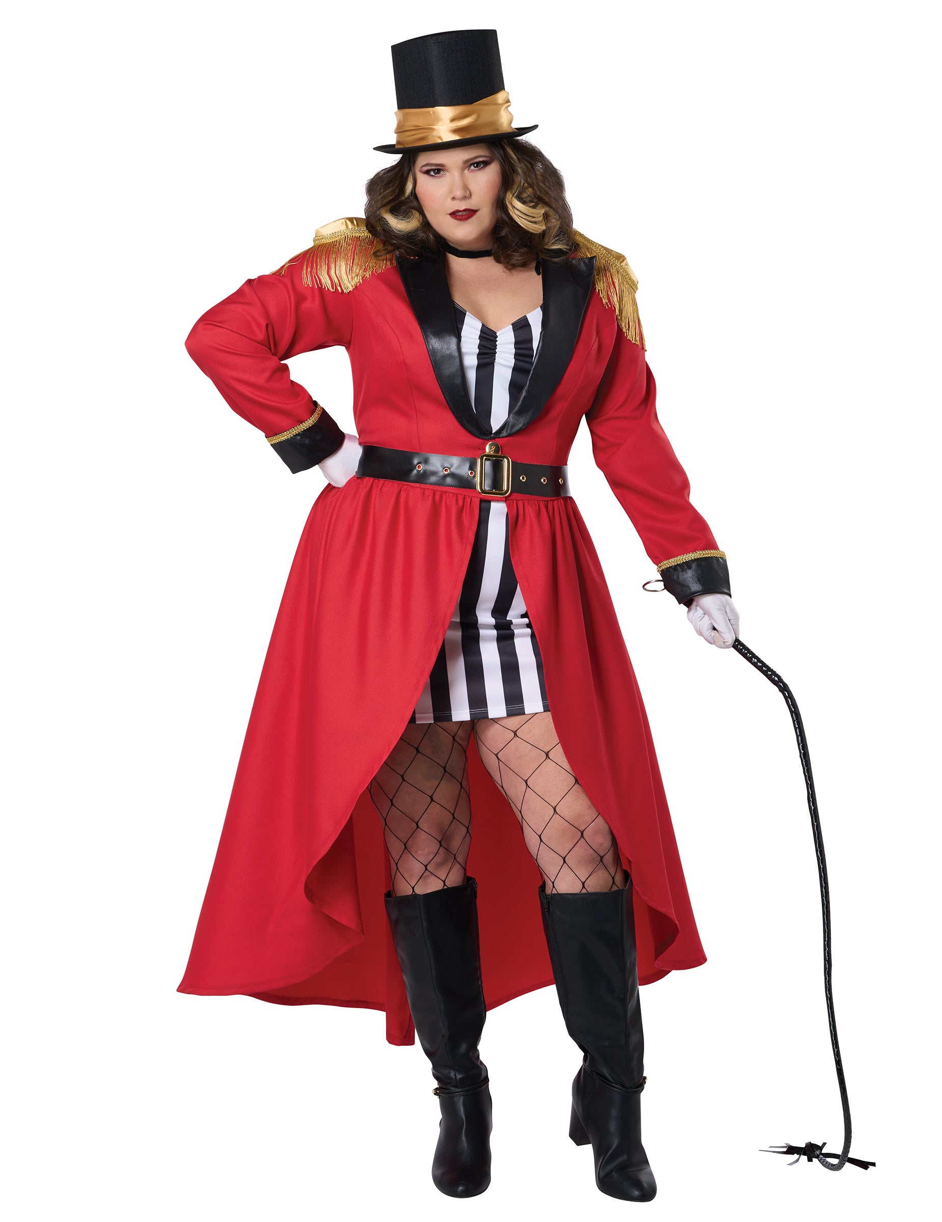 Déguisement de Madame Loyal pour femme rouge et noir avec haut-de-forme et épaulettes dorées