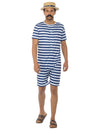 Déguisement maillot de bain rétro pour homme rayé bleu et blanc avec chapeau et moustache