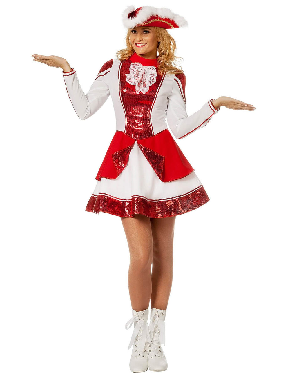 Déguisement de majorette pour femme rouge et blanc à paillettes avec chapeau
