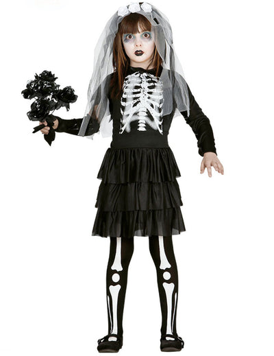 Déguisement mariée squelette pour fille noir et blanc avec voile