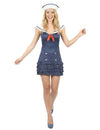 Déguisement marin sexy col V pour femme bleu marine avec chapeau et nœud rouge