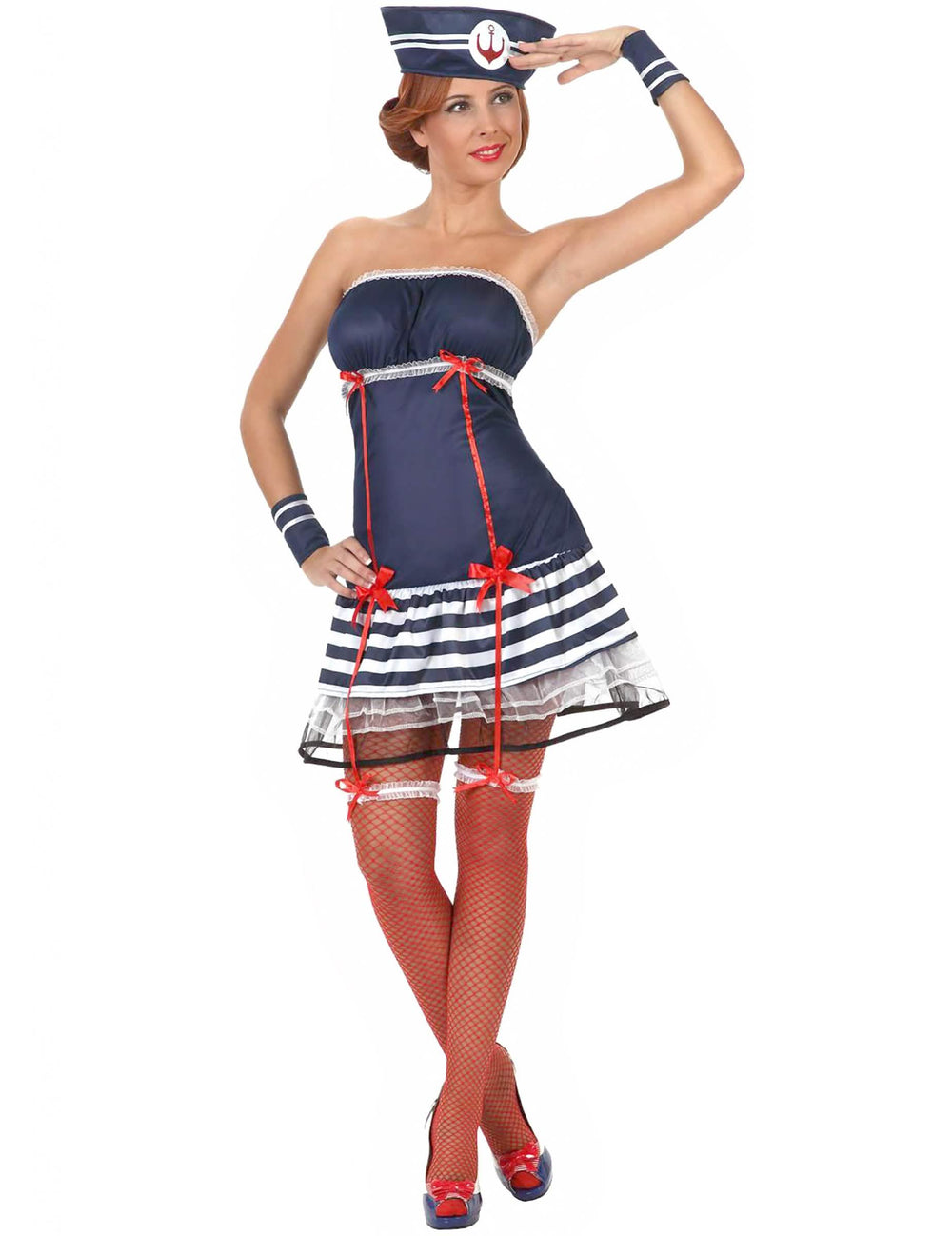 Seksikäs meriaiheinen asu naisille, laivastonsininen ja valkoinen bustier-mekko punaisilla ruseteilla