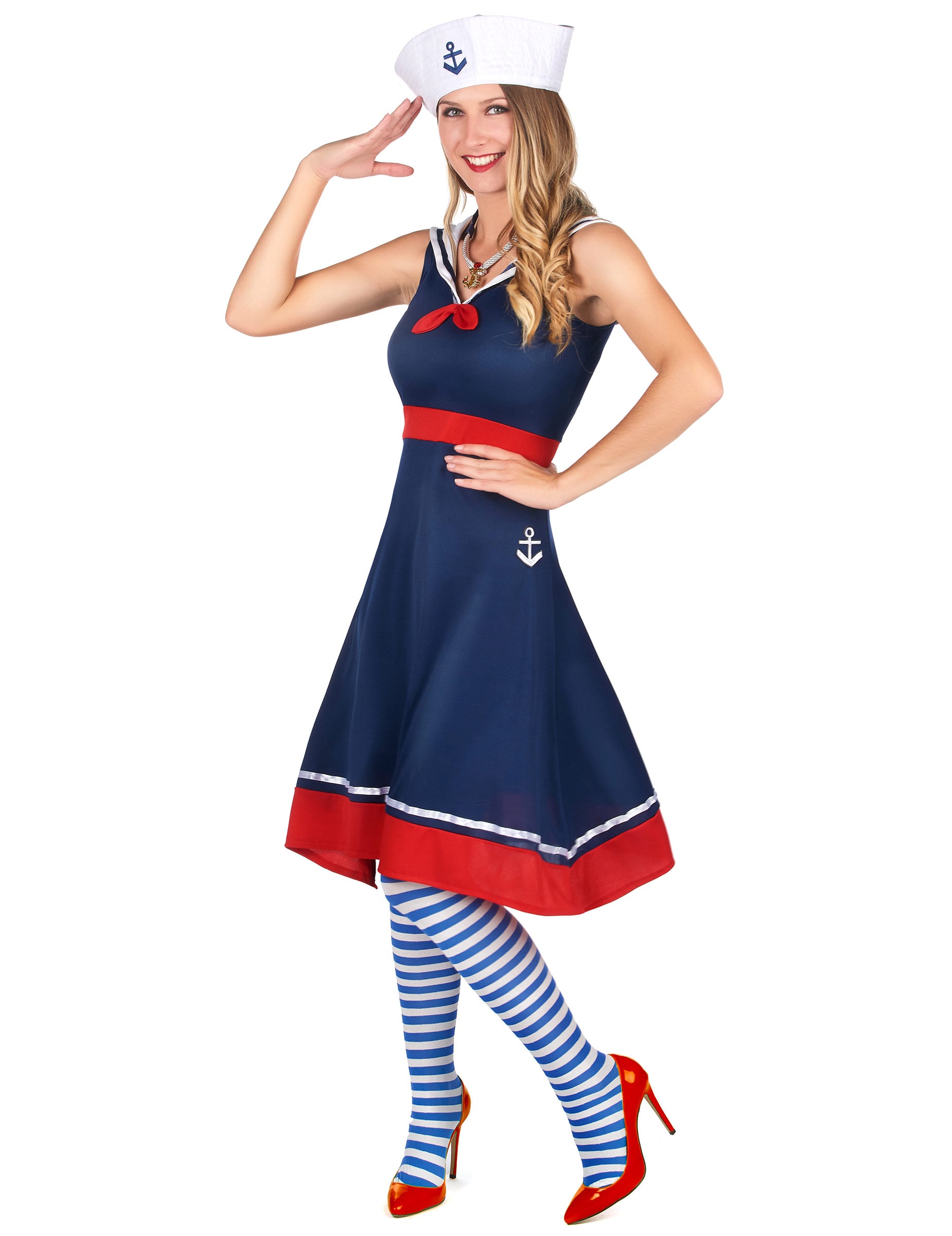 Déguisement marin rétro pour femme bleu marine et rouge avec calot de marin