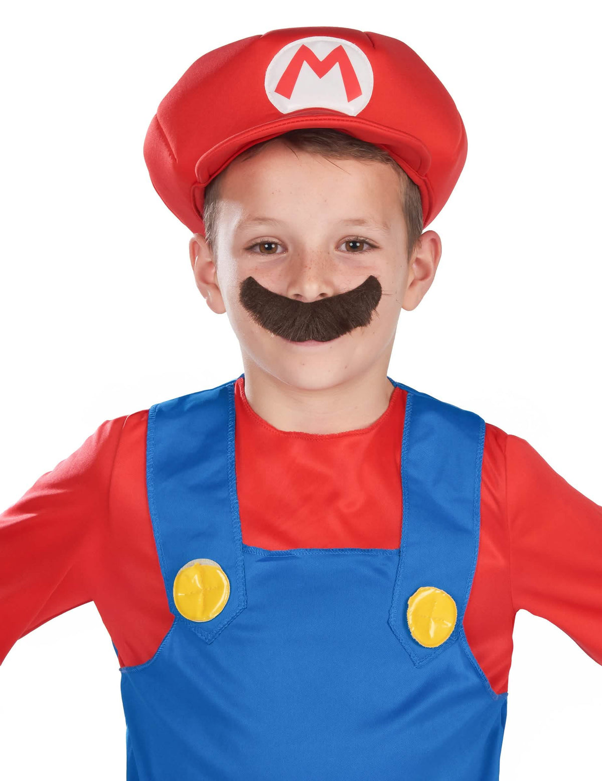 Lähikuva Mario-naamiaisasun viiksistä ja lippiksestä lapsille