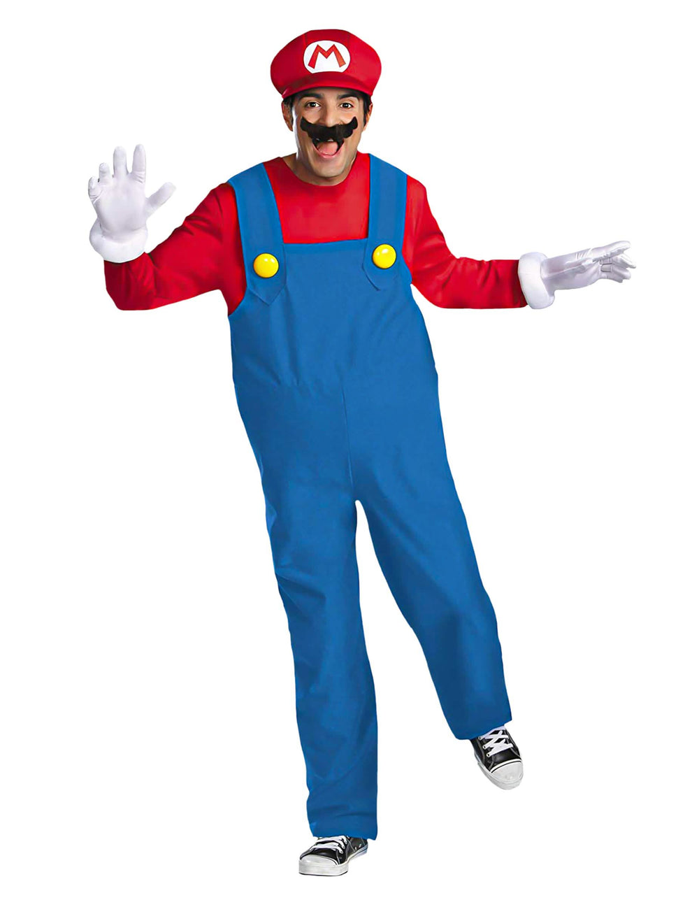 Mario™ Deluxe -asupuku aikuisille punainen ja sininen, jossa on lippalakki ja viikset