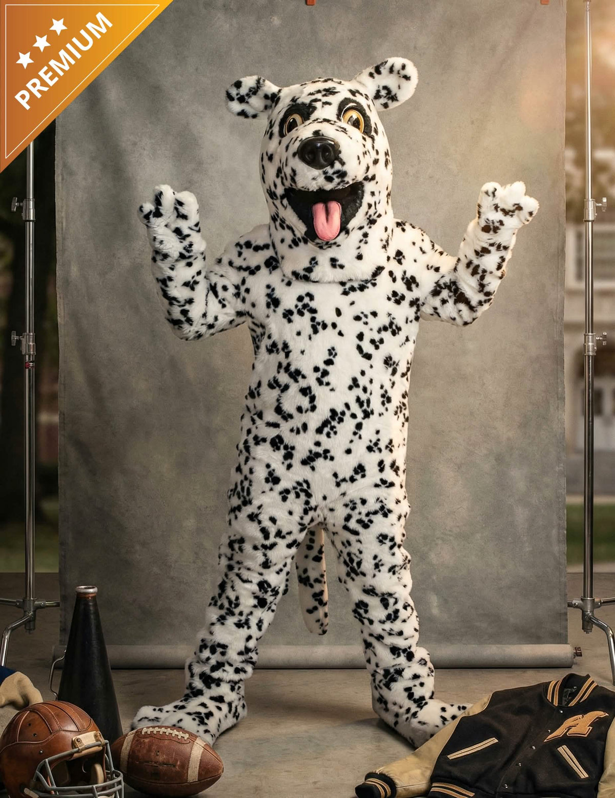 Dalmatialais-koira maskottipuku aikuiset valkoinen mustilla täplillä