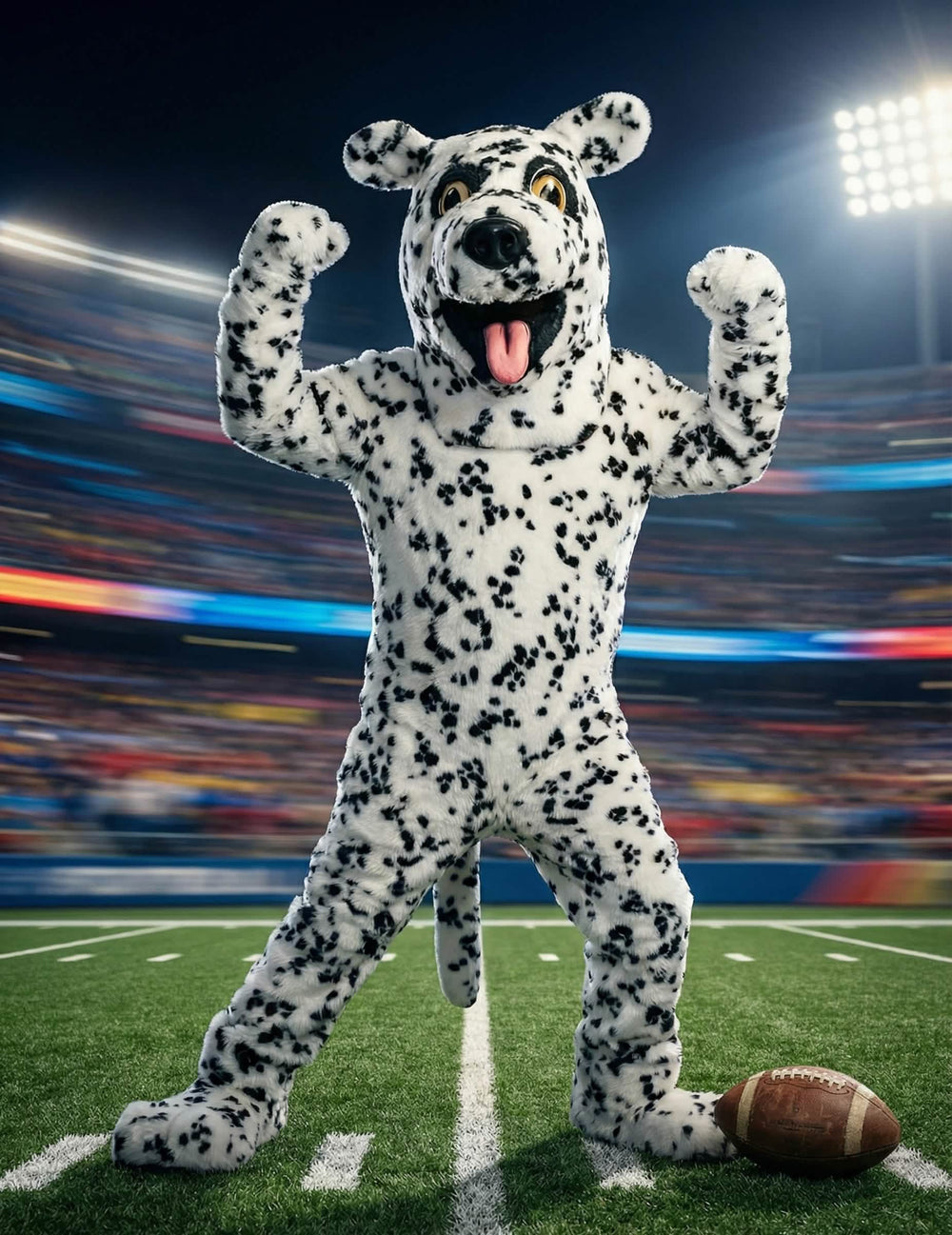 Tilanne jalkapallostadionilla dalmatialaiskoira-maskotti aikuiset -asussa