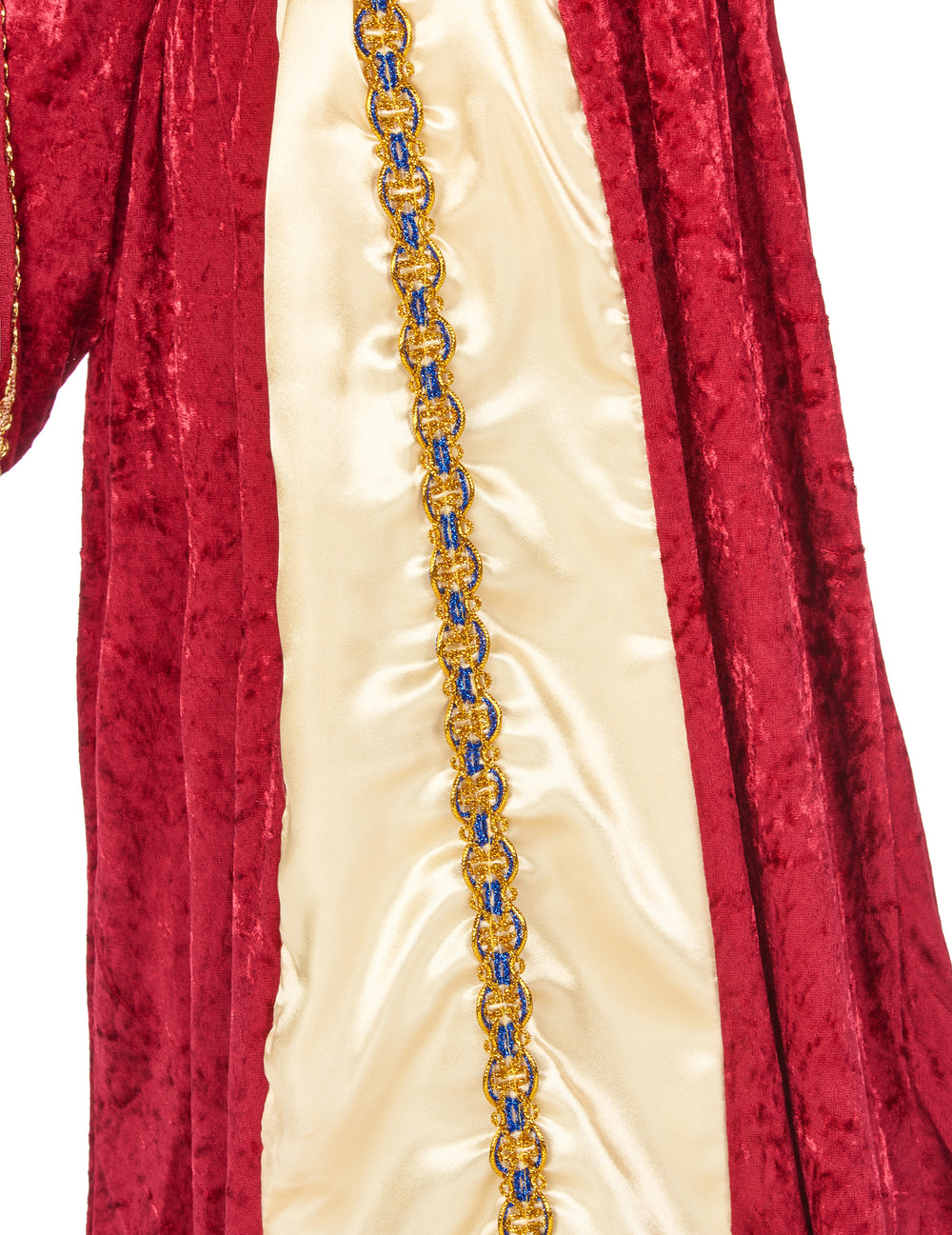 Détail du tissu en velours et du galon doré du déguisement de reine médiévale