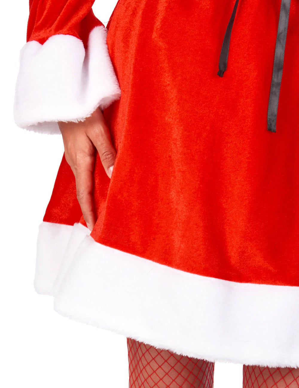Détail des finitions en fourrure du déguisement Mère Noël corset
