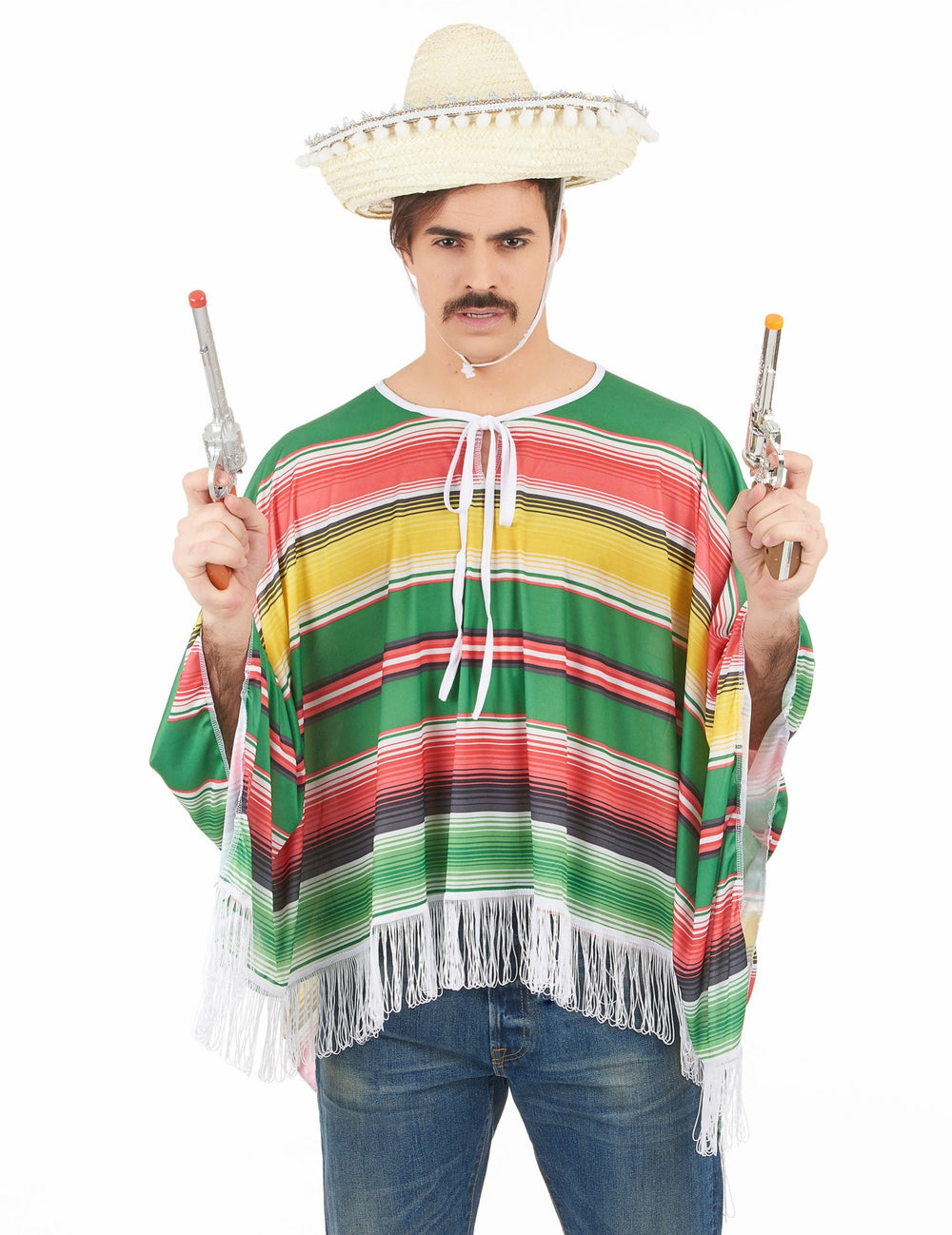 Déguisement mexicain à franges pour homme multicolore rayé vert rouge et jaune