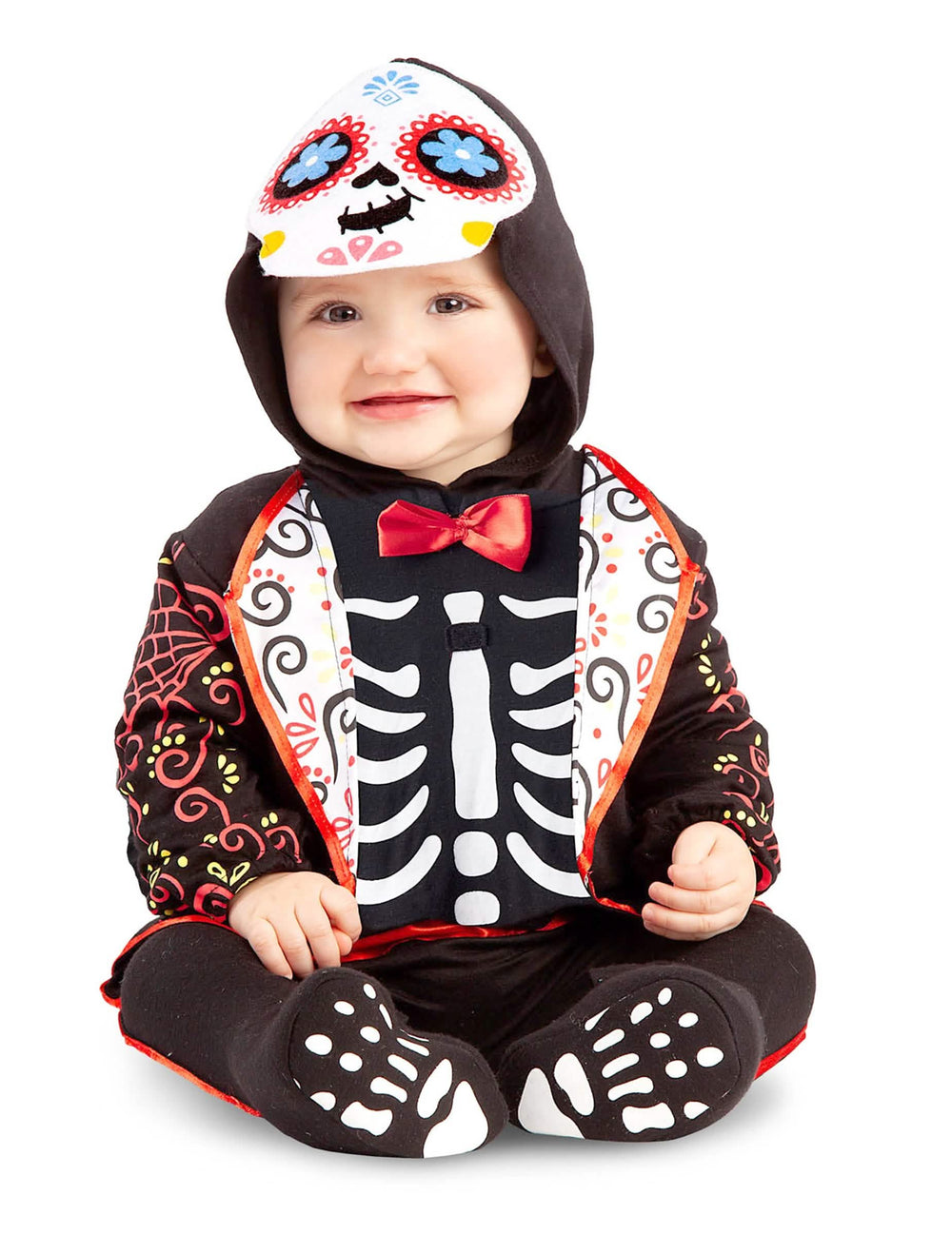Vauvojen mini luurankopuku dìa de los muertos musta värikkäillä kuvioilla ja punainen rusetti