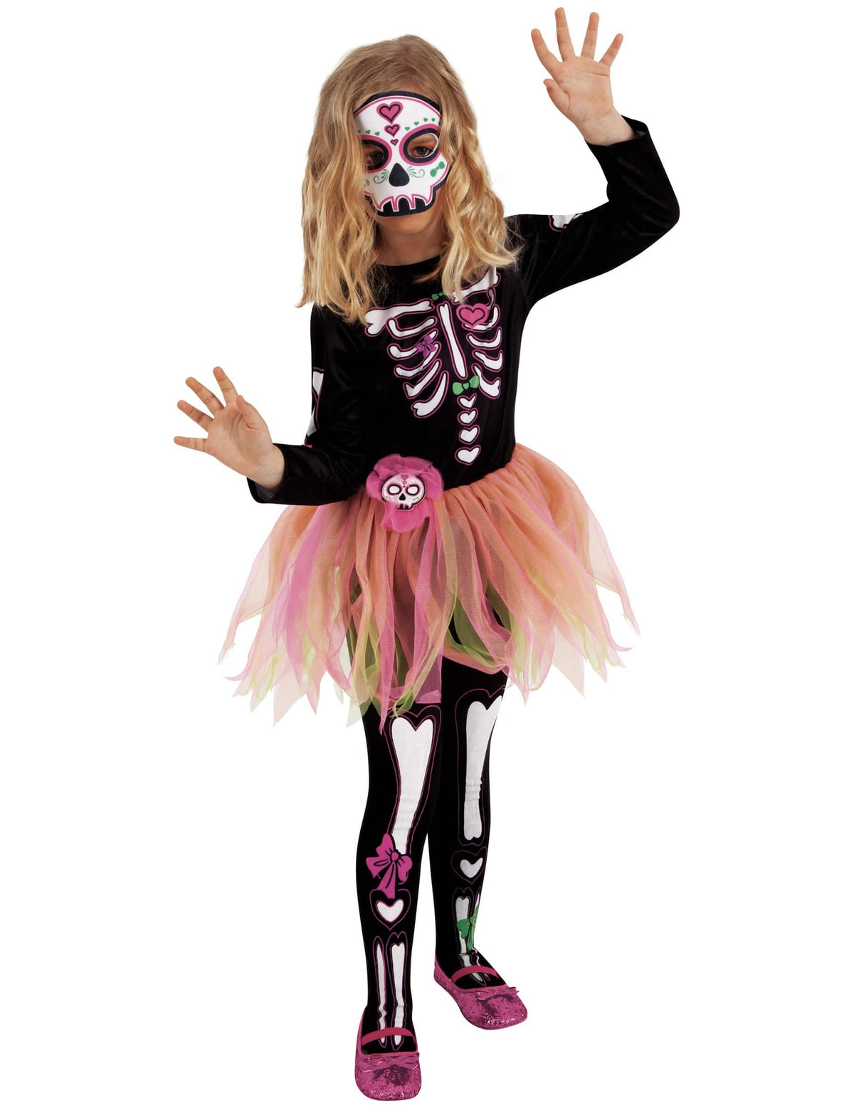 Tyttöjen Miss Dia de los Muertos -juhlamekko musta ja vaaleanpunainen, maskin ja sukkahousujen kanssa