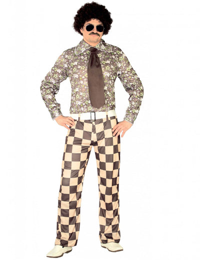 Déguisement mister disco années 70 pour homme marron et beige à motifs fleurs et damier