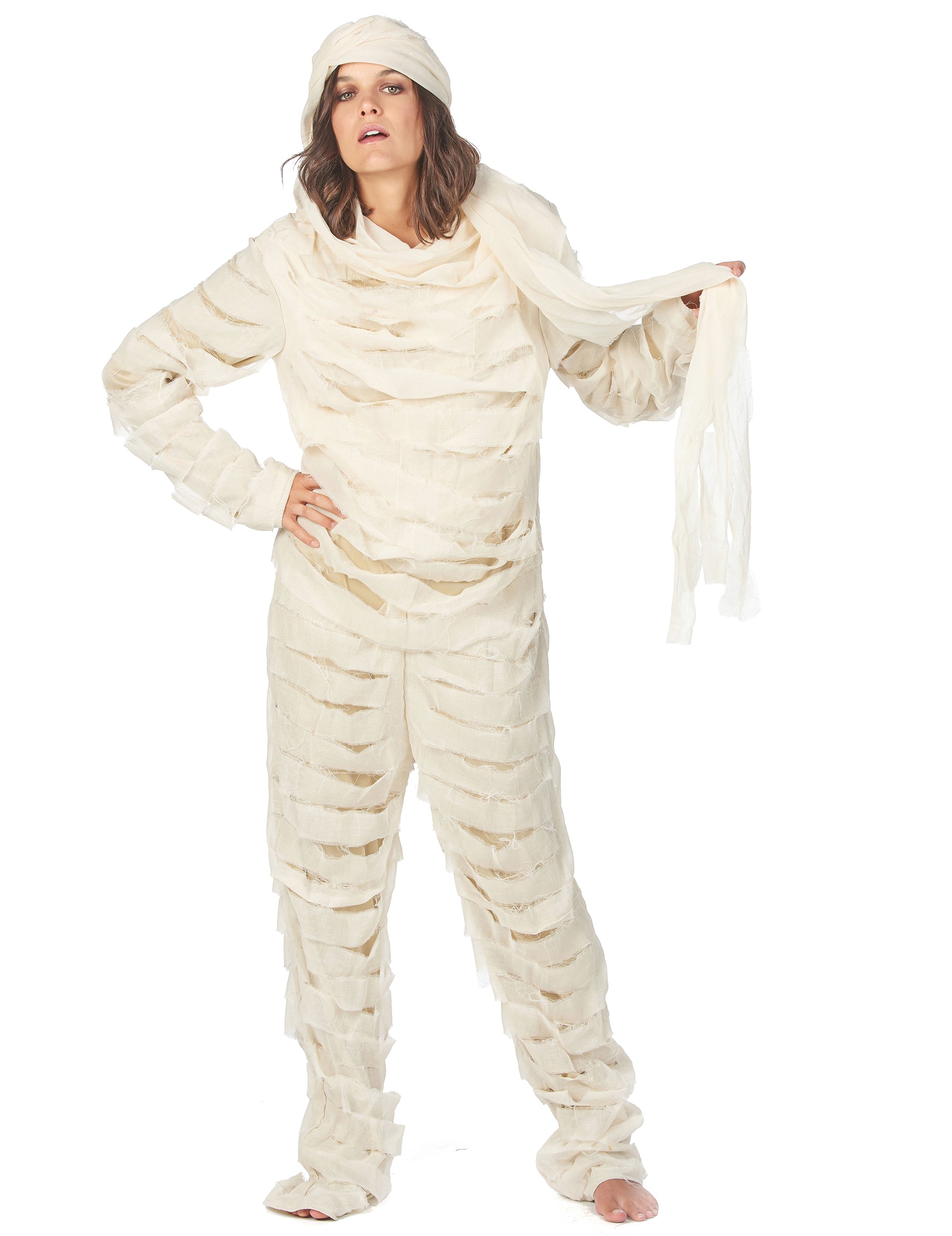 Détail des bandelettes du déguisement de momie pour adulte