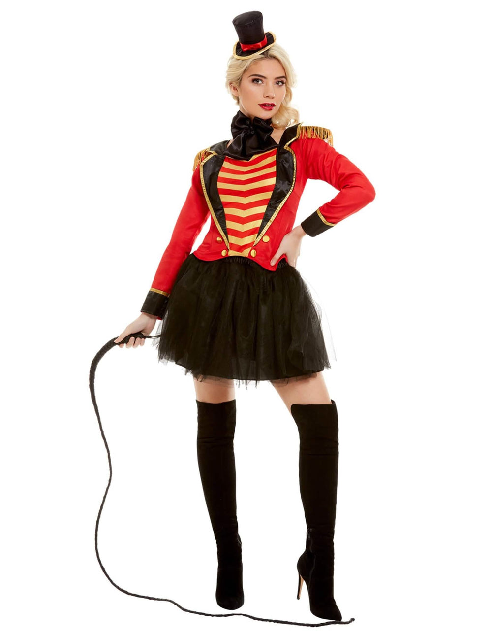 Naisten Monsieur Loyal -asuste punainen ja musta, jossa mini-yläpartiohattu