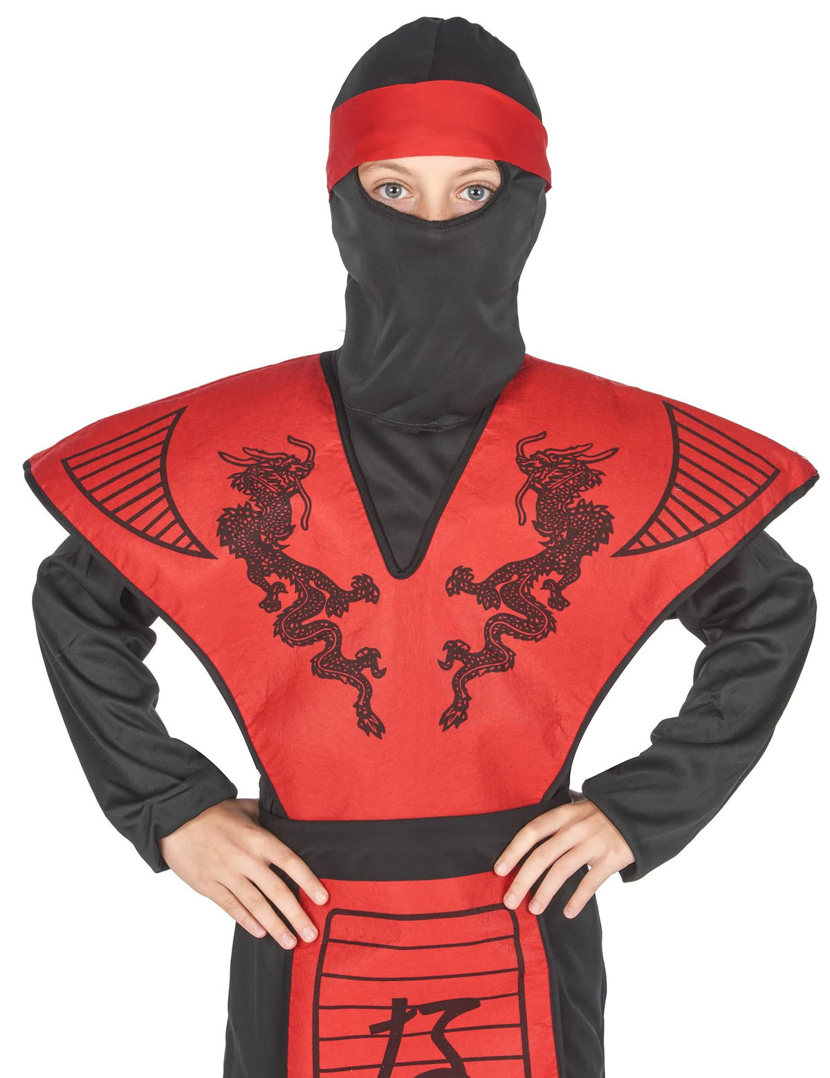 Détail du plastron à motifs dragons du déguisement de ninja dragon pour garçon