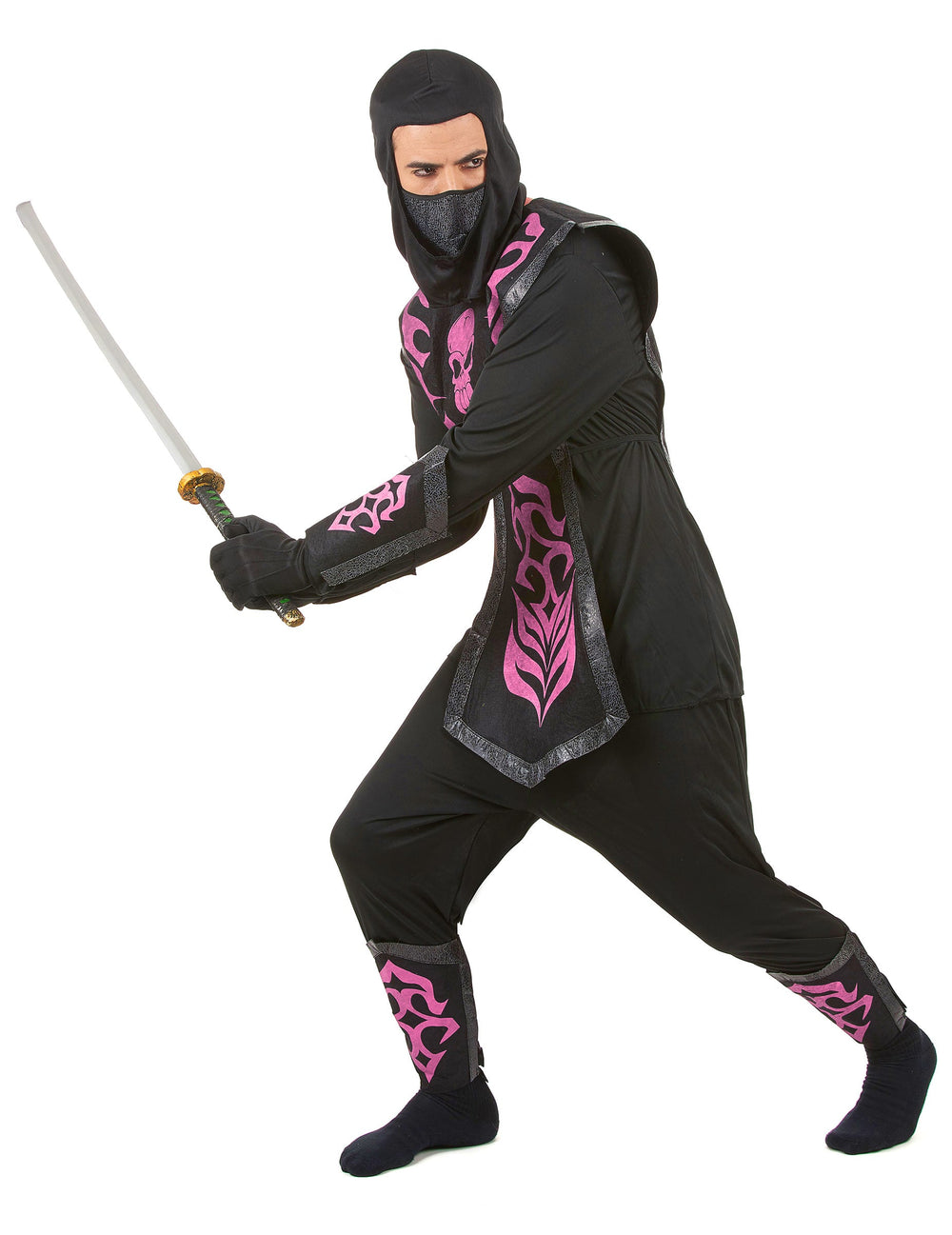 Déguisement ninja effet feutrine pour homme noir avec motifs roses et crâne