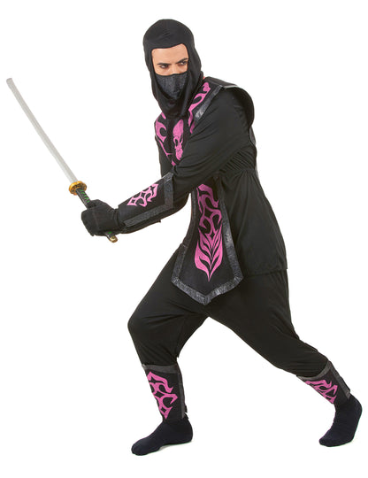 Déguisement ninja effet feutrine pour homme noir avec motifs roses et crâne