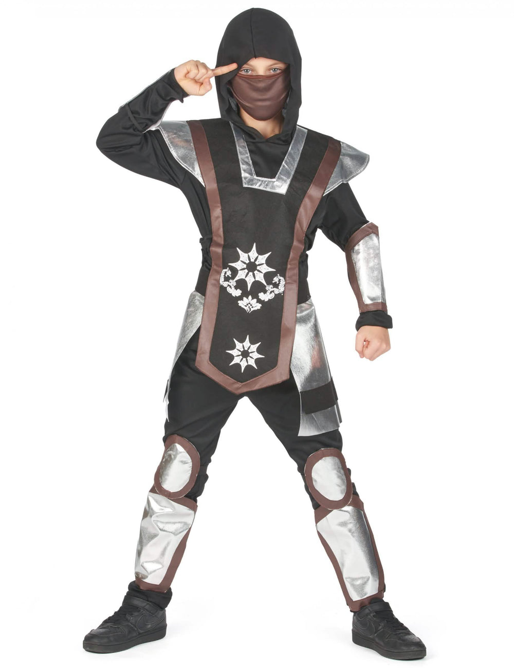 Déguisement ninja pour garçon noir et argent avec cagoule