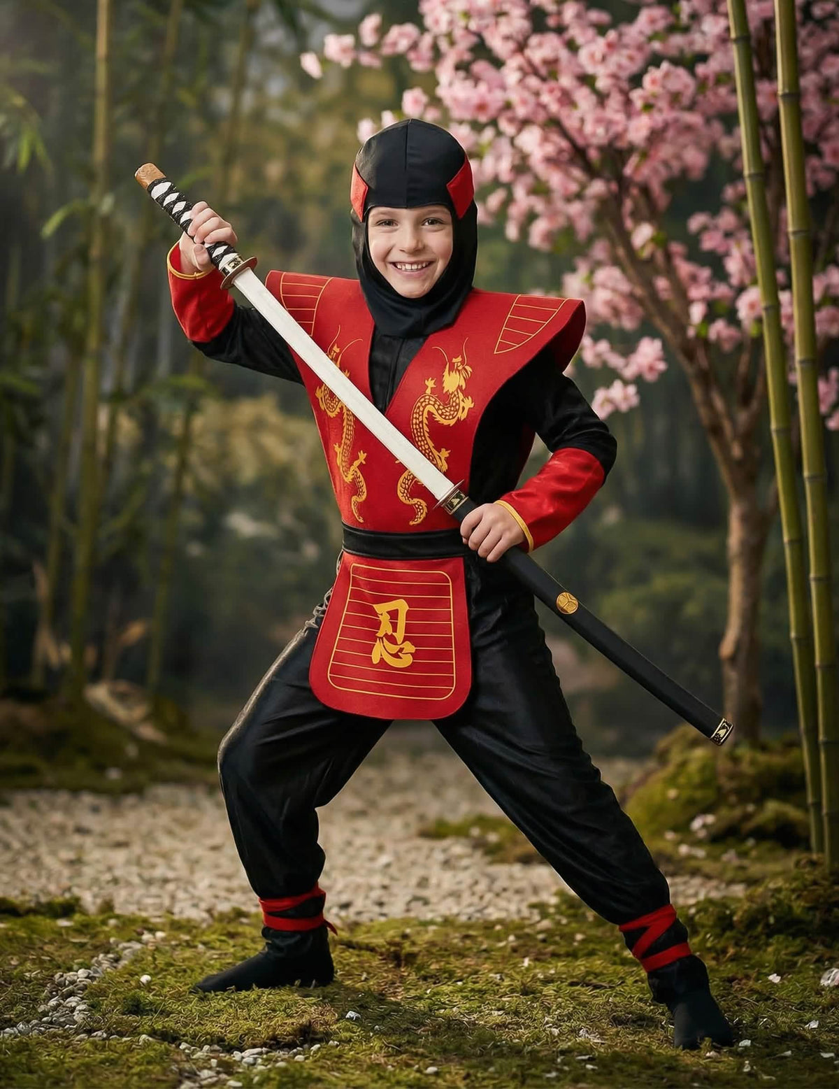 Taisteluasento katana kädessä ninjapojille lohikäärmekuvioisessa asussa