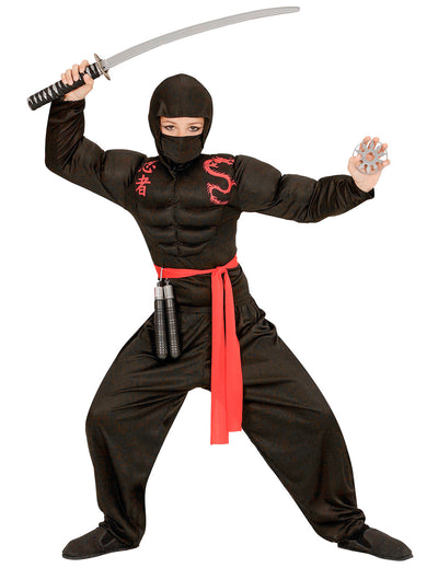 Déguisement ninja musclé pour garçon noir et rouge avec dragon