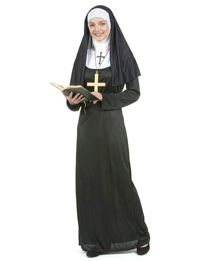 Déguisement de nonne pour femme noir et blanc avec voile et croix dorée