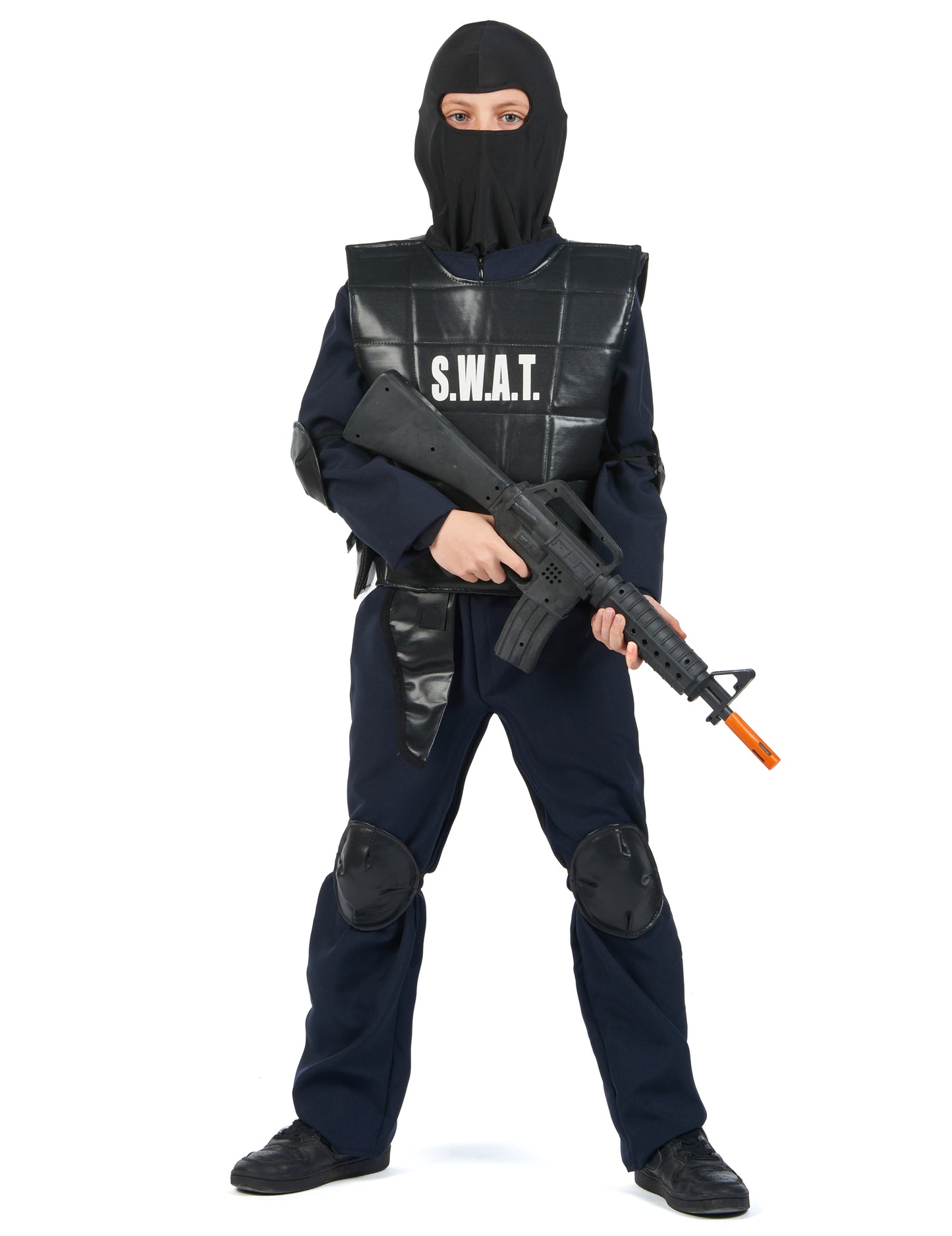 Vue de face avec cagoule et arme factice du déguisement officier du SWAT