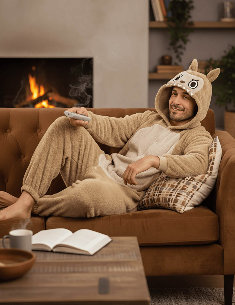 Mise en situation du déguisement peluche monstre pour homme