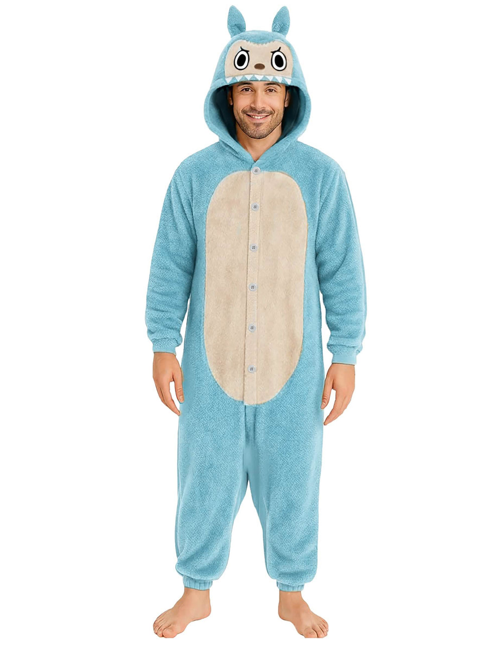 Déguisement peluche monstre pour homme bleu avec capuche à oreilles