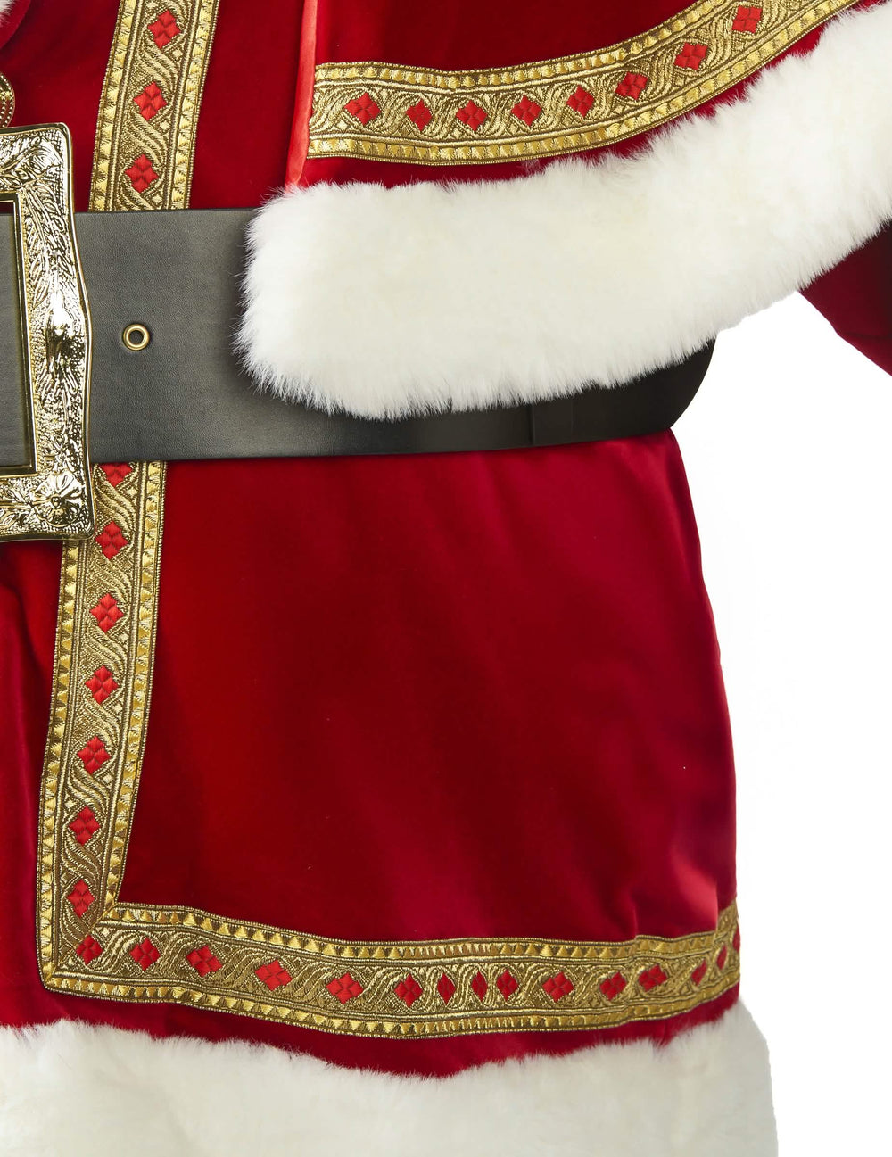 Détail de la ceinture et des broderies dorées du déguisement de Père Noël