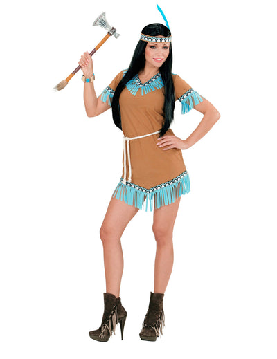 Déguisement petite indienne pour femme marron et bleue avec franges et bandeau
