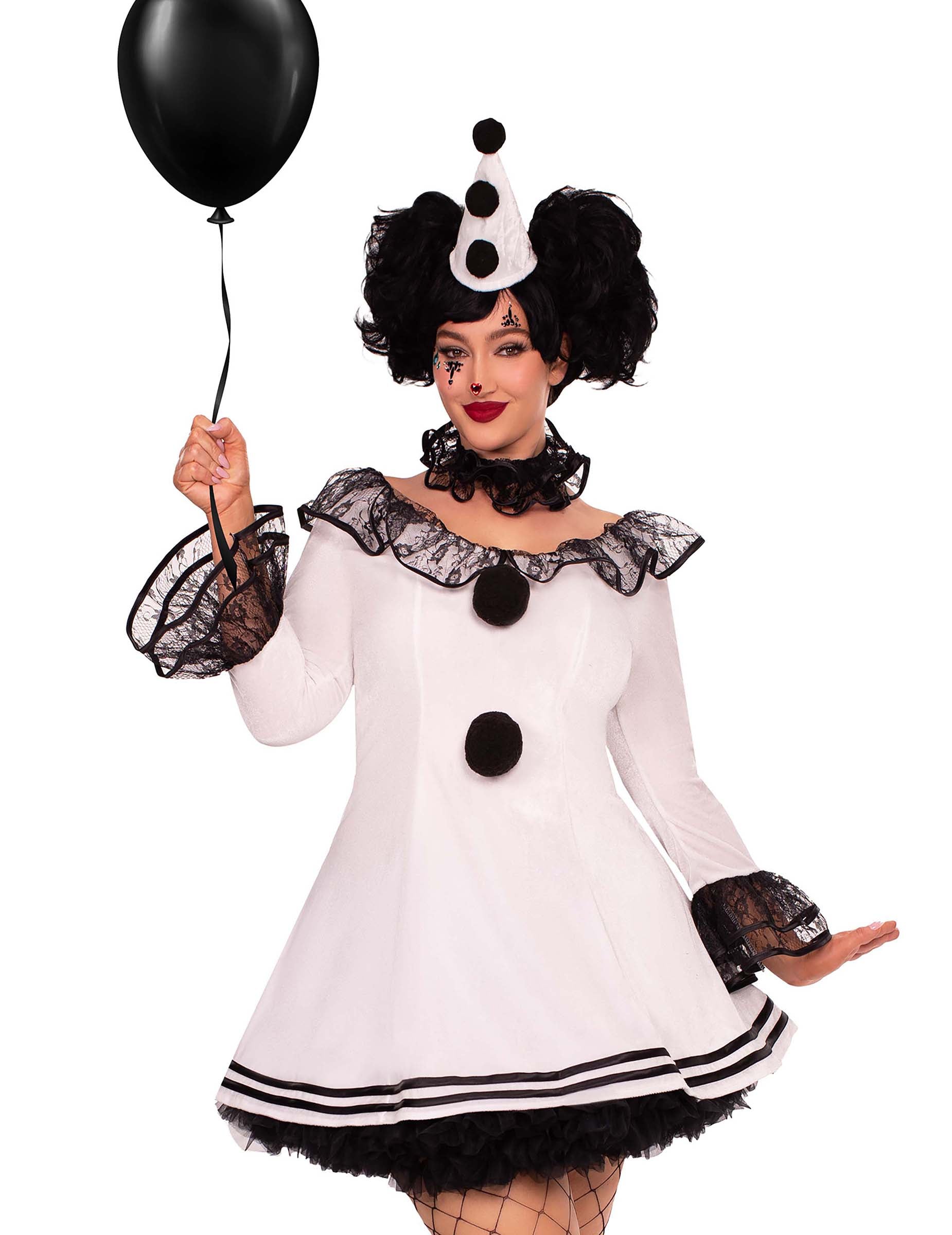 Détail du chapeau et des finitions en dentelle du déguisement pierrot blanc sexy
