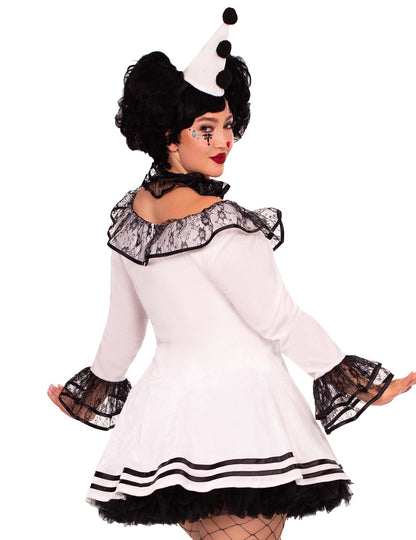 Déguisement de pierrot pour femme blanc et noir sexy avec dentelle et chapeau