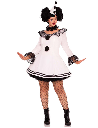 Déguisement pierrot blanc sexy pour femme blanc et noir avec dentelle et chapeau
