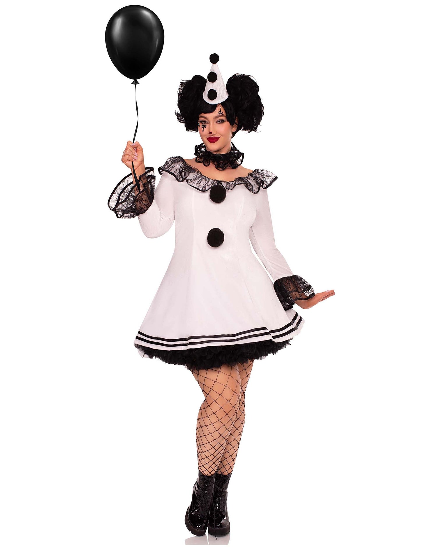 Vue de face avec ballon noir du déguisement pierrot blanc sexy