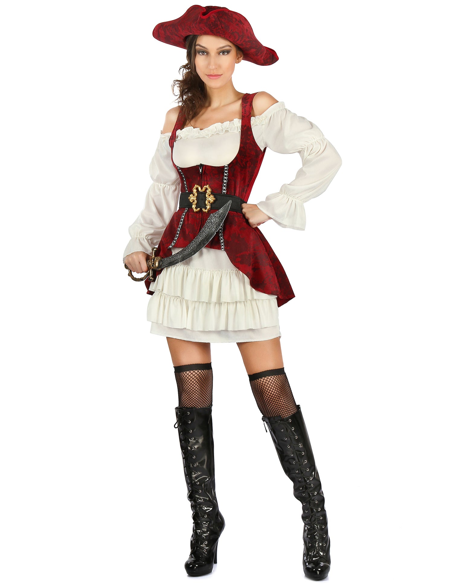 Déguisement pirate pour femme blanc et rouge avec chapeau