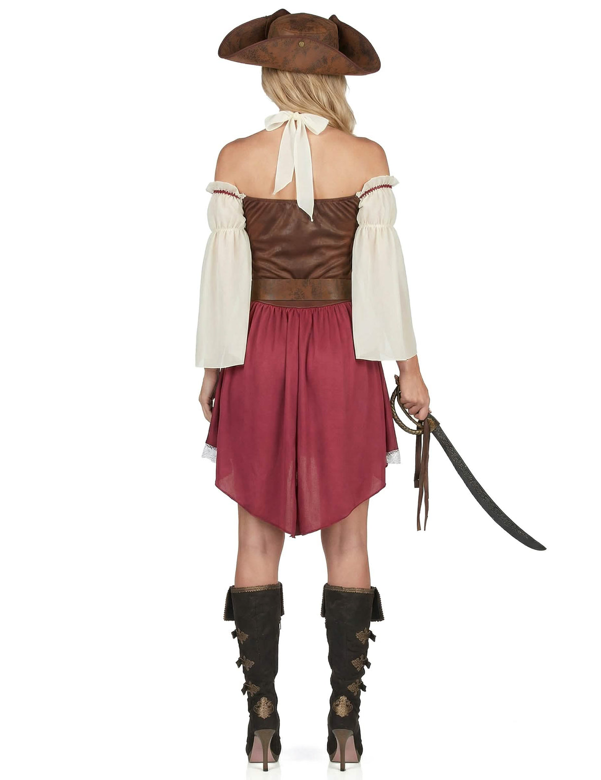 Vue de dos du déguisement de pirate bordeaux sexy pour femme