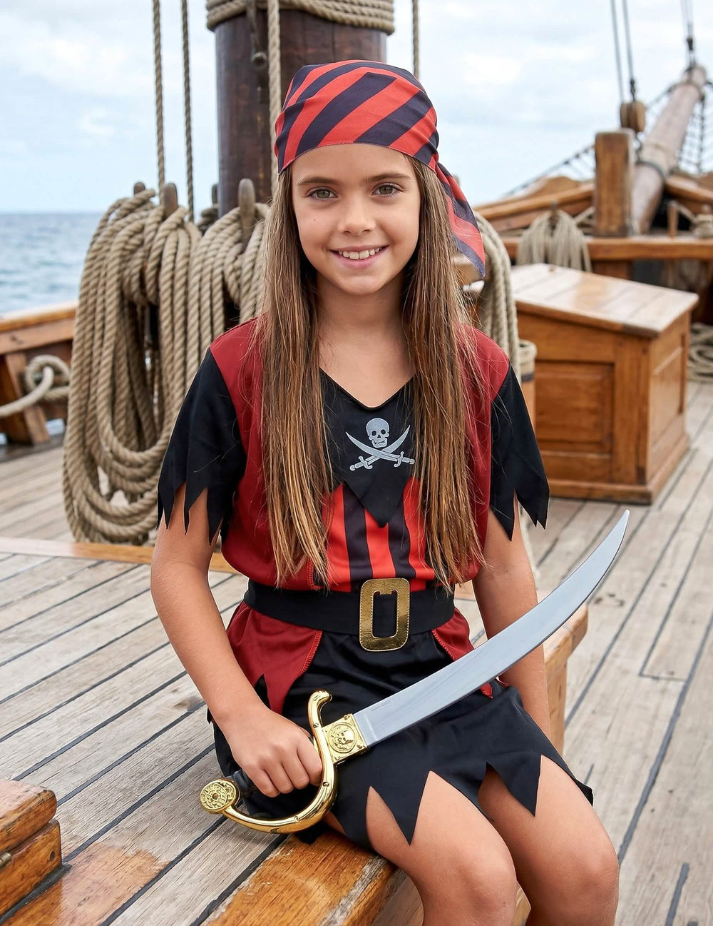Portrait avec bandana et sabre du déguisement de pirate corsaire pour fille