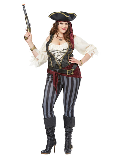 Déguisement de pirate luxe pour femme noir, blanc et bordeaux avec pantalon rayé