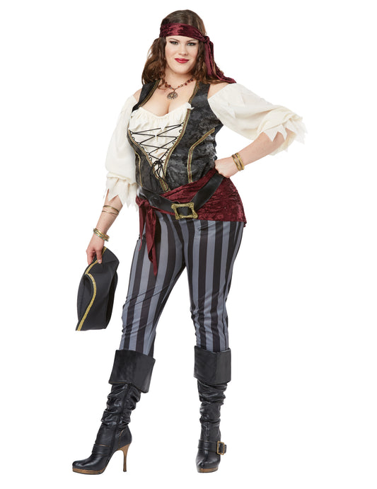 Vue d'ensemble avec le chapeau à la main du déguisement de pirate luxe pour femme